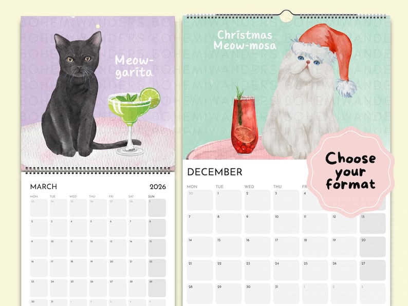 Whimsical watercolor 2026 Cats and Cocktails wall calendar featuring playful cats with pun-inspired drinks like Meowgarita, Purr-secco, and Cat-a-Tonic. A perfect gift for cat moms, cat lovers, and cocktail enthusiasts who enjoy funny cat art, pastel colors, and bar cart decor.