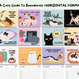 Preview of all 12 months in the A Cats Guide to Boundaries wall calendar showing funny cat illustrations, sarcastic quotes, and monthly designs in a horizontal calendar format.