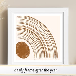 Mid Century Abstract 2026 Wall Calendar featuring minimalist retro geometric shapes in earthy tones. A stylish boho wall calendar for modern homes, perfect for fans of mid century modern decor, abstract art lovers, and anyone who loves clean, neutral wall art. Customizable square calendar ideal for feminine office decor, dorms, or boho-inspired interiors.