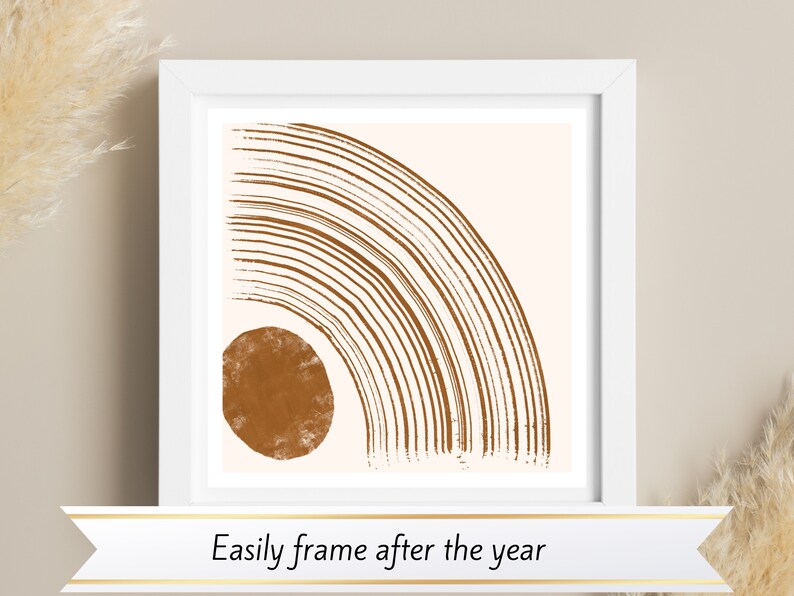 Mid Century Abstract 2026 Wall Calendar featuring minimalist retro geometric shapes in earthy tones. A stylish boho wall calendar for modern homes, perfect for fans of mid century modern decor, abstract art lovers, and anyone who loves clean, neutral wall art. Customizable square calendar ideal for feminine office decor, dorms, or boho-inspired interiors.