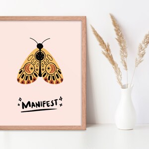 Boho Celestial Moth Art, Inspirational Manifesting Office Wanddruck, mystisches Gesetz der Anziehung Mond Moth, Positive Vibes Art, Manifest