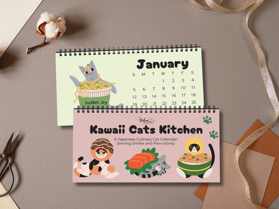 Kawaii Cats Kitchen Desk Calendar 2025, Cute Cats in Sushi Ramen and