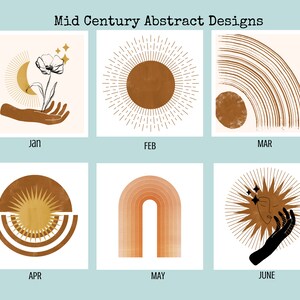 Mid Century Abstract 2026 Wall Calendar featuring minimalist retro geometric shapes in earthy tones. A stylish boho wall calendar for modern homes, perfect for fans of mid century modern decor, abstract art lovers, and anyone who loves clean, neutral wall art. Customizable square calendar ideal for feminine office decor, dorms, or boho-inspired interiors.