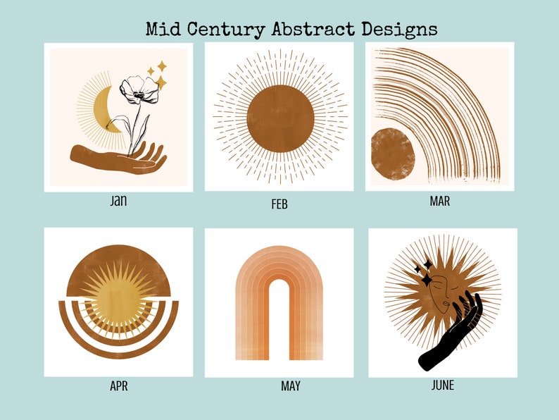 Mid Century Abstract 2026 Wall Calendar featuring minimalist retro geometric shapes in earthy tones. A stylish boho wall calendar for modern homes, perfect for fans of mid century modern decor, abstract art lovers, and anyone who loves clean, neutral wall art. Customizable square calendar ideal for feminine office decor, dorms, or boho-inspired interiors.