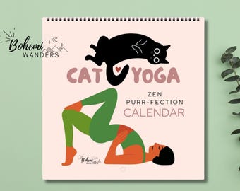 Black Cat Yoga Wall Calendar, Funny & Quirky Black Cat Gift for Yogis - 2026-2027 Customizable Mid Year Academic Calendar