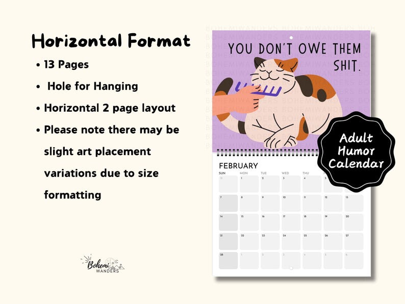 Funny cat boundaries wall calendar featuring sarcastic cats and sweary self-care quotes. A Cats Guide to Boundaries calendar for cat lovers, mental health, people pleasing recovery, protecting your peace, humorous office and home decor.