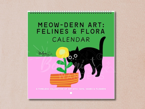 Black Cat Calendar 2027,  Vibrant Matisse Floral Art, Mid Century Modern Cats, Colorful Retro Botanical Wall Calendar, Cat Lover Gift