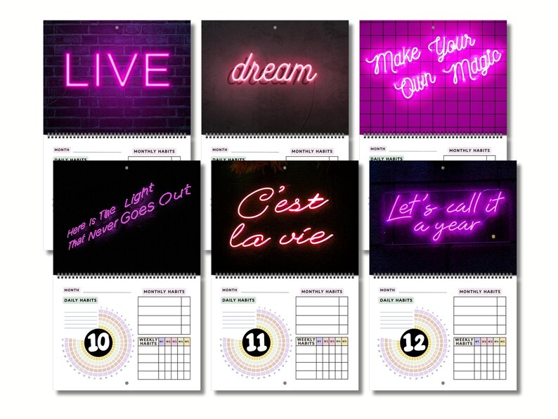 Habit Tracker Neon Lights - Undated Daily, Weekly and Monthly 12 Month ...