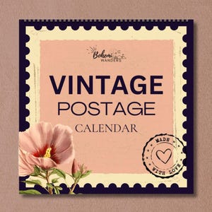 Calendario de sellos antiguos 2025-2026: lámina artística de flores, frutas y hongos, regalo para coleccionistas de sellos, calendario de pared académico botánico vintage.