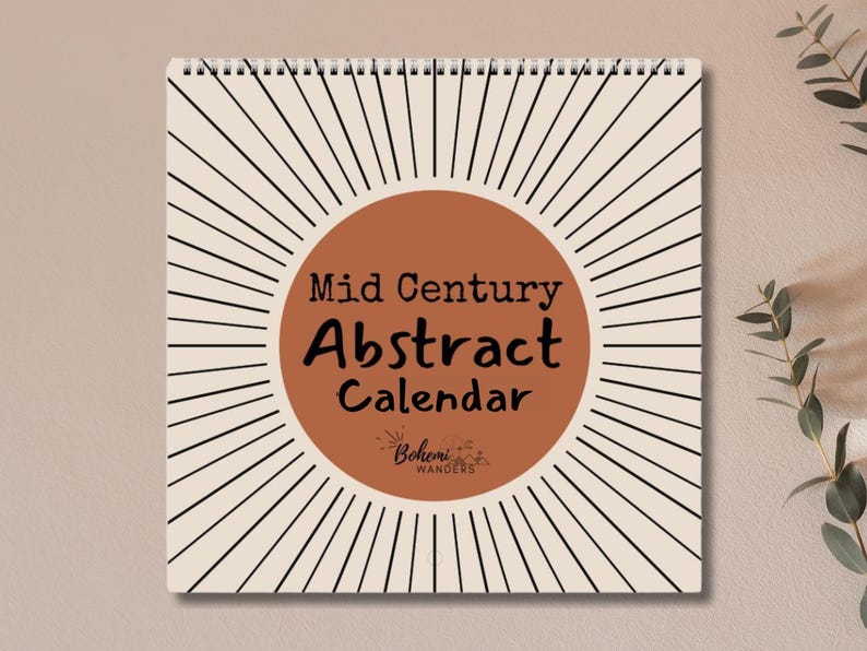 Mid Century Abstract 2026 Wall Calendar featuring minimalist retro geometric shapes in earthy tones. A stylish boho wall calendar for modern homes, perfect for fans of mid century modern decor, abstract art lovers, and anyone who loves clean, neutral wall art. Customizable square calendar ideal for feminine office decor, dorms, or boho-inspired interiors.