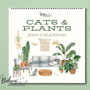 Calendario 2025-2026 Gatti e Piante, regalo per amanti dei gatti e delle piante, calendario di interior design con gatti acquerellati e piante boho per gli amanti dei gatti