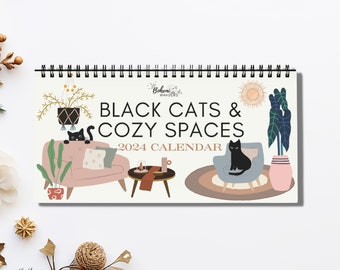 2024 Black Cats and Cozy Spaces Desk Calendar, Hygge Cats Desk Calendar, Black Cats and Retro Boho Spaces Calendar, Cat and Plant Lover Gift