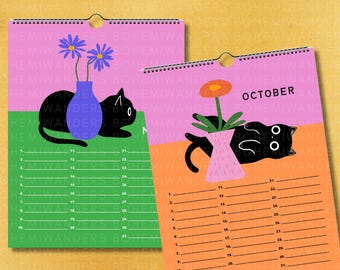 May include: Two illustrated monthly calendars. One features a black cat with a blue vase of purple flowers. The other calendar says "October" and shows a black cat with a pink vase and an orange flower.