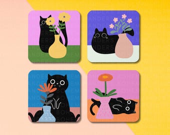 Modern Black Cat Floral Coasters – Matisse Flowers Cat Coaster Set, Black Cat Lover Gift, Cat Housewarming Gift, Dopamine Decor