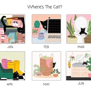 2026 Where’s the Cat? Calendar featuring adorable black cats playing hide-and-seek in everyday scenes. A cute and funny wall calendar for black cat moms and cat lovers. Includes 12 peek-a-boo cat illustrations in a modern square format. Perfect gift for cat moms, black cat owners, and anyone who loves playful feline art