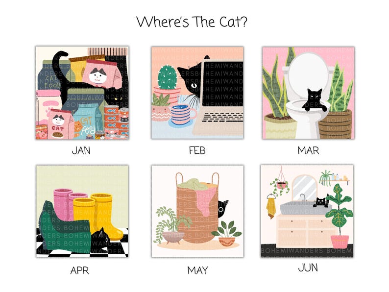 2026 Where’s the Cat? Calendar featuring adorable black cats playing hide-and-seek in everyday scenes. A cute and funny wall calendar for black cat moms and cat lovers. Includes 12 peek-a-boo cat illustrations in a modern square format. Perfect gift for cat moms, black cat owners, and anyone who loves playful feline art