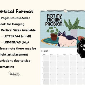 Vertical wall calendar format with funny cat artwork and sweary boundaries quotes. Shows page layout, hanging style, and premium calendar design options.