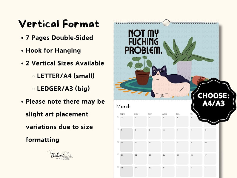 Vertical wall calendar format with funny cat artwork and sweary boundaries quotes. Shows page layout, hanging style, and premium calendar design options.