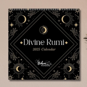 Calendario 2025-2026 con citazioni divine di Rumi, Calendario esoterico celeste di metà anno, Calendario mistico dell'amore per se stessi femminile, Calendario della Dea della Luna