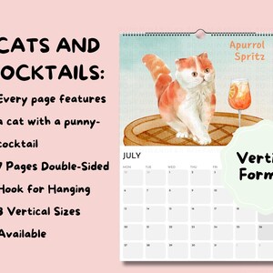 Whimsical watercolor 2026 Cats and Cocktails wall calendar featuring playful cats with pun-inspired drinks like Meowgarita, Purr-secco, and Cat-a-Tonic. A perfect gift for cat moms, cat lovers, and cocktail enthusiasts who enjoy funny cat art, pastel colors, and bar cart decor.