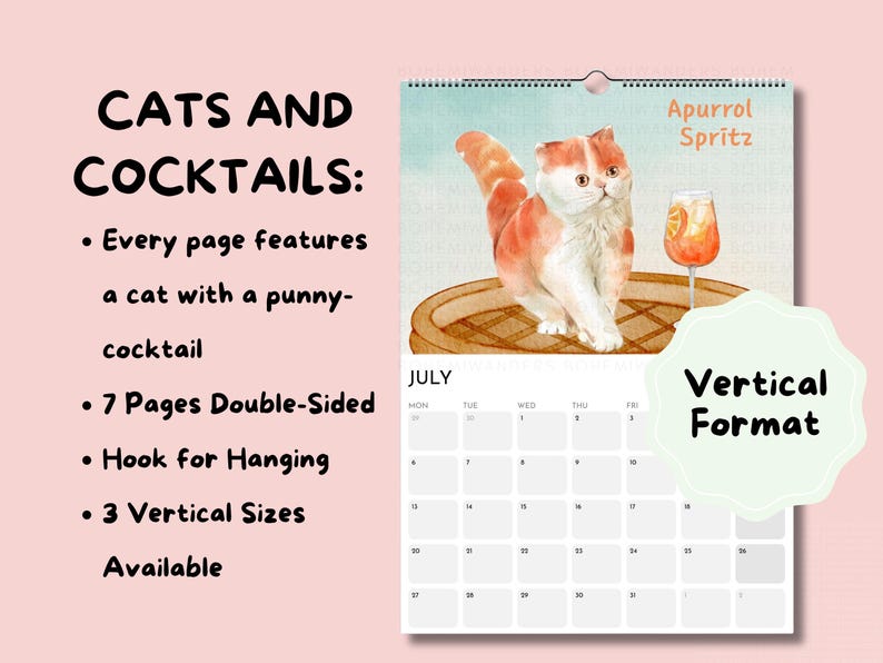 Whimsical watercolor 2026 Cats and Cocktails wall calendar featuring playful cats with pun-inspired drinks like Meowgarita, Purr-secco, and Cat-a-Tonic. A perfect gift for cat moms, cat lovers, and cocktail enthusiasts who enjoy funny cat art, pastel colors, and bar cart decor.