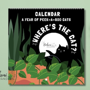 2026 Where’s the Cat? Calendar featuring adorable black cats playing hide-and-seek in everyday scenes. A cute and funny wall calendar for black cat moms and cat lovers. Includes 12 peek-a-boo cat illustrations in a modern square format. Perfect gift for cat moms, black cat owners, and anyone who loves playful feline art