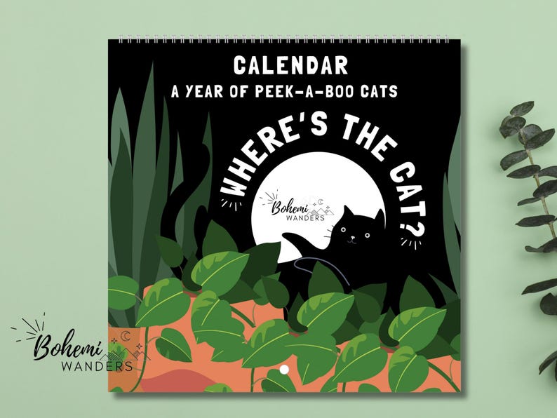 2026 Where’s the Cat? Calendar featuring adorable black cats playing hide-and-seek in everyday scenes. A cute and funny wall calendar for black cat moms and cat lovers. Includes 12 peek-a-boo cat illustrations in a modern square format. Perfect gift for cat moms, black cat owners, and anyone who loves playful feline art