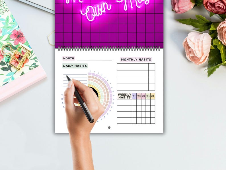 Habit Tracker Neon Lights - Undated Daily, Weekly and Monthly 12 Month ...