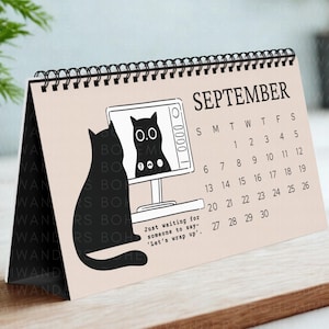 Funny 2025–2026 office cat desk calendar featuring black cats in relatable work situations. Minimalist design with sarcastic quotes for office workers, cat lovers, and coworkers. Great for desks, cubicles, or work-from-home setups. A humorous academic calendar gift for cat moms, students, and burnt-out professionals.