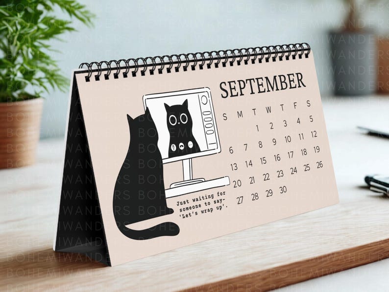 Funny 2025–2026 office cat desk calendar featuring black cats in relatable work situations. Minimalist design with sarcastic quotes for office workers, cat lovers, and coworkers. Great for desks, cubicles, or work-from-home setups. A humorous academic calendar gift for cat moms, students, and burnt-out professionals.