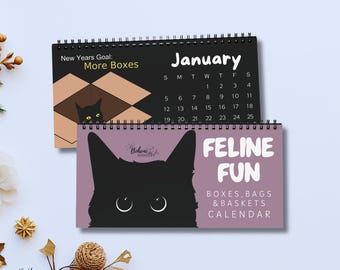 Grappige bureaukalender met zwarte kat – Humoristische, gekke katten in dozen, tassen en manden, cadeau voor kattenmoeder en kattenvader, katten kantoordecoratie