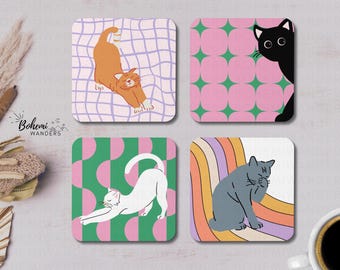 Groovy Retro Kattunderläggsset – Söt kattälskarepresent, Funky kattkaffebardekor, Färgglada underlägg med korkbaksida, Kattmamma & Kattpappa-present