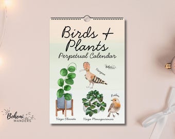 Watercolor Birds & Plants Perpetual Calendar • Botanical Birdwatcher Birthday and Anniversary Gift • Reusable Undated Calendar