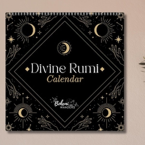 Calendario 2026-2027 con citas de Rumi, planificador de mitad de año con temática de la diosa femenina celestial y espiritual.