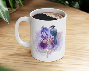 Blue Jay Ceramic Mug 11oz, Iris Flower Coffee Mug, Whimsical Flower and Bird Coffee Cup,  Bird Lover Gift,  Blue Jay Coffee Mug, Tea Cup