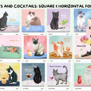 Whimsical watercolor 2026 Cats and Cocktails wall calendar featuring playful cats with pun-inspired drinks like Meowgarita, Purr-secco, and Cat-a-Tonic. A perfect gift for cat moms, cat lovers, and cocktail enthusiasts who enjoy funny cat art, pastel colors, and bar cart decor.
