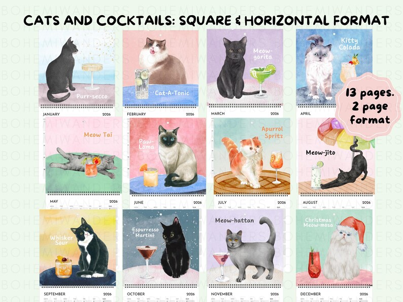Whimsical watercolor 2026 Cats and Cocktails wall calendar featuring playful cats with pun-inspired drinks like Meowgarita, Purr-secco, and Cat-a-Tonic. A perfect gift for cat moms, cat lovers, and cocktail enthusiasts who enjoy funny cat art, pastel colors, and bar cart decor.
