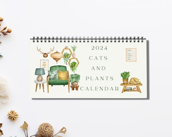 Cats and Plants 2024 Desk Calendar, 2024 Cat Desk Mini Calendar, Watercolor Cats 2024 Desk Calendar, Plant Lover Gift, Cat Lover Gift,