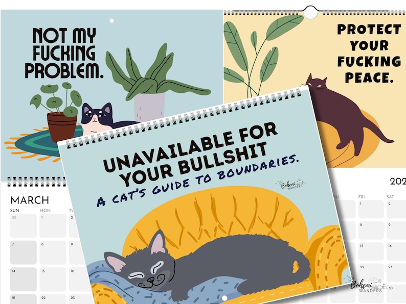 Funny cat boundaries wall calendar featuring sarcastic cats and sweary self-care quotes. A Cats Guide to Boundaries calendar for cat lovers, mental health, people pleasing recovery, protecting your peace, humorous office and home decor.