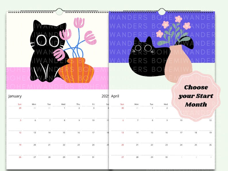 May include: A two-page calendar featuring illustrations of black cats and vases of flowers. The left page shows a black cat with a vase of pink flowers. The right page shows a black cat with a vase of pink flowers. The calendar says "Choose your Start Month".