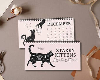 Kalender 2027, Tischkalender mit Himmelskatze, Mondkatze, Gothic-Katze, Hexen-Bürodeko, Monatskalender, Katzen-Bürodeko, Geschenk für Katzenliebhaber
