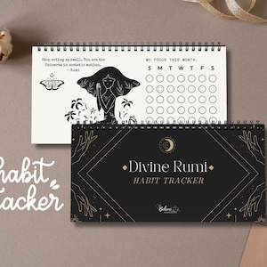 Könnte beinhalten: Zwei spiralgebundene Habit Tracker. Einer zeigt eine Schwarz-Weiß-Illustration mit dem Text: "Stop acting no small. You are the Universe in ecstatic motion. -Rumi." Der andere ist schwarz mit goldenen geometrischen Designs und dem Text "Divine Rumi HABIT TRACKER."