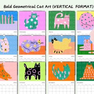 Preview of the Mid Century Meow custom cat calendar featuring bold geometric cats in retro colors. Available in square, horizontal, vertical, and desk formats with custom start month and layout options. A modern cat calendar perfect for cat moms, retro design lovers, dorm decor, or unique office gifts. Great gift for cat lovers and fans of mid-century modern art. Customizable 12 month calendar with colorful feline art.