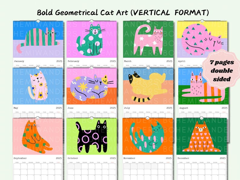 Preview of the Mid Century Meow custom cat calendar featuring bold geometric cats in retro colors. Available in square, horizontal, vertical, and desk formats with custom start month and layout options. A modern cat calendar perfect for cat moms, retro design lovers, dorm decor, or unique office gifts. Great gift for cat lovers and fans of mid-century modern art. Customizable 12 month calendar with colorful feline art.