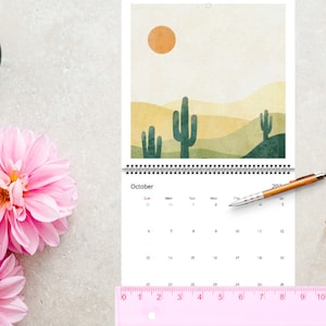 Calendario bohemio abstracto 2025-2026: calendario académico femenino con paisaje de sol y luna, calendario de oficina Sunseeker de regalo, calendario con fecha personalizada