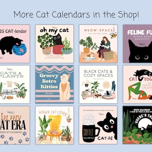 Cat calendar collection by BohemiWANDERS featuring 2026 funny cat calendars, black cat art, ginger cat designs, yoga cats, retro cat decor, and cats with plants. A best-selling cat calendar shop on Etsy with unique cat lover gifts for cat moms and dads. Perfect holiday, birthday, and back-to-school gifts. Cute, artistic, modern cat wall calendars with monthly themes and vibrant illustrations.