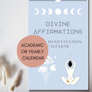 Calendario moderno celeste femminile 2025-2026 delle Affermazioni Divine, Calendario dell'amore per se stessi della Dea della Luna, Calendario da ufficio con mentalità positiva