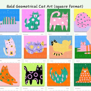 Preview of the Mid Century Meow custom cat calendar featuring bold geometric cats in retro colors. Available in square, horizontal, vertical, and desk formats with custom start month and layout options. A modern cat calendar perfect for cat moms, retro design lovers, dorm decor, or unique office gifts. Great gift for cat lovers and fans of mid-century modern art. Customizable 12 month calendar with colorful feline art.