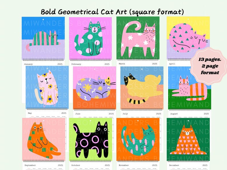 Preview of the Mid Century Meow custom cat calendar featuring bold geometric cats in retro colors. Available in square, horizontal, vertical, and desk formats with custom start month and layout options. A modern cat calendar perfect for cat moms, retro design lovers, dorm decor, or unique office gifts. Great gift for cat lovers and fans of mid-century modern art. Customizable 12 month calendar with colorful feline art.