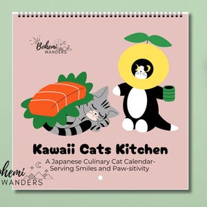 Calendario da cucina giapponese 2025-2026 con gatti kawaii, calendario con gatti carini e divertenti a tema sushi e ramen, decorazioni per gatti con cucina giapponese, calendario per amanti dei gatti
